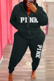 Colletto con cappuccio basic con stampa lettera casual alla moda rosa Plus Size in due pezzi