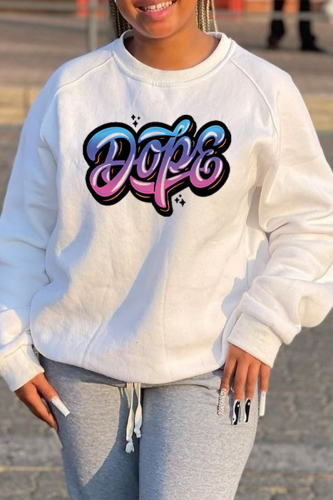 White Casual Daily Print Letter O Neck Tops