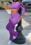 Purple Sexy Solid Patchwork Off the Shoulder Long Sleeve Two Pieces