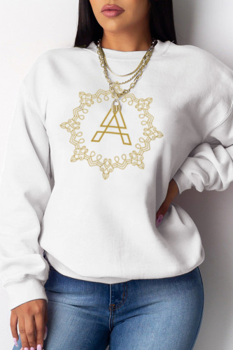 White Fashion Street Print Patchwork O Neck Tops