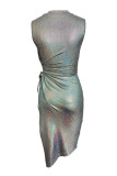 Silver Fashion Sexy Solid Bandage ausgehöhltes ärmelloses Kleid mit Stehkragen und Schlitz