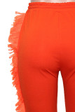 Mandarinenrote, lässige, einfarbige, einfarbige, einfarbige Hose mit hoher Taille und Quasten-Patchwork