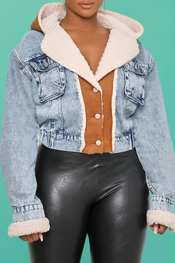 ベビーブルーファッションカジュアルパッチワークポケットフード付きカラー長袖レギュラーデニムジャケット