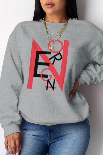 Grey Casual Street Print Patchwork Letter O Neck Tops