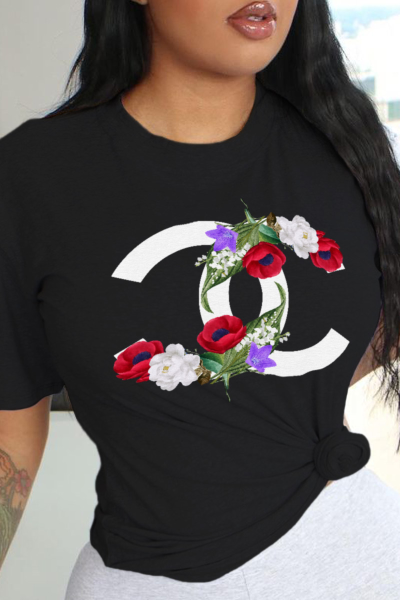 

Black Fashion Street Print Patchwork O Neck T-Shirts