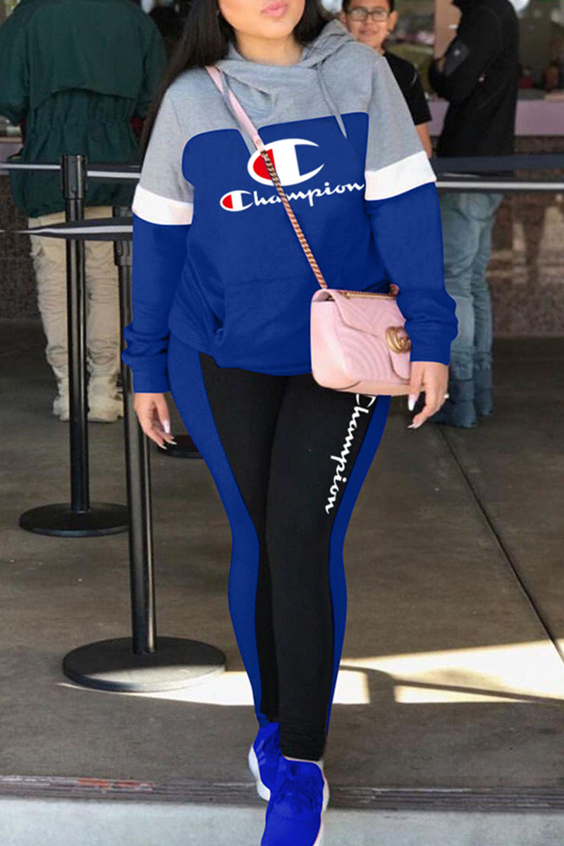 

Blue Fashion Sportswear Print Letter Hooded Collar Long Sleeve Two Pieces