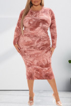 Brick Red Fashion Casual Print Basic O Neck Long Sleeve Dresses