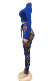 Blue Fashion Casual Print Bandage Turtleneck Long Sleeve Two Pieces