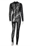 Macacão skinny com estampa sexy moda preta vazada e transparente
