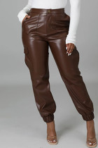 Коричневые модные повседневные однотонные базовые обычные однотонные штаны с высокой талией