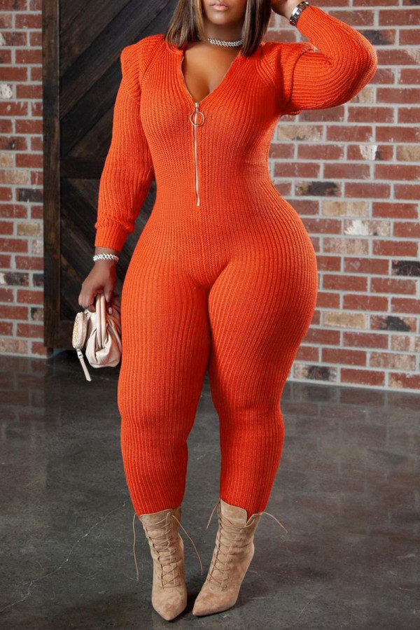 Tangerine Red Casual Solid Patchwork Zipper Hooded Collar Plus Size Jumpsuits
