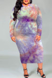 Robes de grande taille violet clair mode décontracté imprimé tie-dye basique col rond manches longues