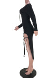 Zwarte sexy casual effen bandage spleet uit de schouder jurken met lange mouwen