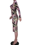 Multicolor Fashion Casual Print Basic Turtleneck Long Sleeve Dresses