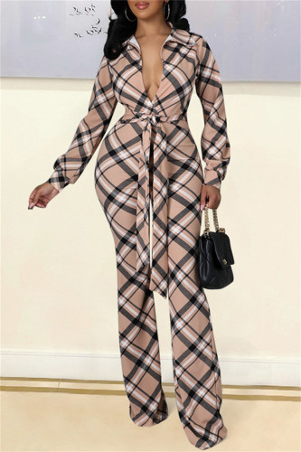 Brownness Fashion Casual Plaid Print Bandage Turndown Collar Regular Jumpsuits