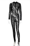 Black Fashion Sexy Print Bandage Hollowed Out See-through Turtleneck Skinny Jumpsuits