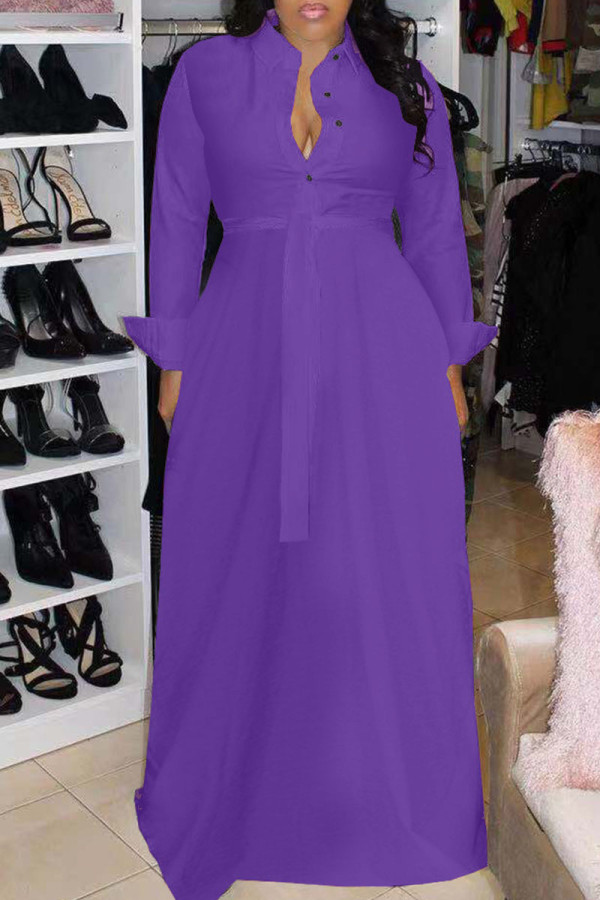 Purple Fashion Casual Solid With Belt Turndown Collar Long Sleeve Dresses