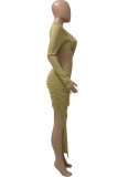 Сексуальная однотонная юбка цвета шампанского с вырезом в стиле пэчворк и круглым вырезом на один шаг, платья-юбки