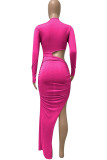 Champagne Sexy Solid Hollowed Out Patchwork Slit O Neck One Step Skirt Dresses