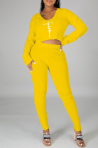 amarillo moda casual estampado básico o cuello manga larga dos piezas