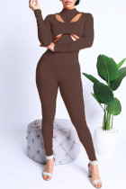Koffie Sexy casual effen uitgeholde coltrui skinny jumpsuits