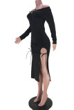 Black Sexy Casual Solid Bandage Slit Off the Shoulder Long Sleeve Dresses
