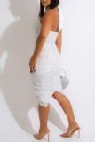 Белое сексуальное лоскутное бинтовое платье с блестками и открытой спиной без рукавов