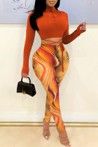 Oranje Mode Casual Print Bandage Coltrui Lange Mouw Twee Stukken