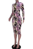 Flerfärgat Mode Casual Print Basic Långärmade klänningar med turtleneck