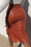 Camelo sexy bandagem sólida retalhos botões assimétricos em linha reta cintura alta reta cor sólida bottoms