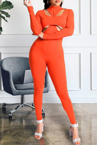 Orange Sexy Casual Solid Hollowed Out Turtleneck Skinny Jumpsuits