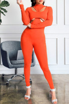 オレンジ色のセクシーなカジュアルソリッドくり抜かれたタートルネックスキニージャンプスーツ