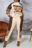 Apricot Fashion Casual Print Patchwork O Neck Long Sleeve Two Pieces