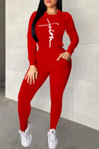 Red Fashion Casual Print Basic O-hals Lange mouw Tweedelige stukken