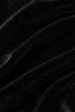 Black Casual Velvet Off-The-Shoulder Jumpsuit (With Belt)