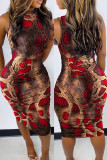 Rote Mode Casual Print Basic Half A Rollkragen ärmelloses Kleid