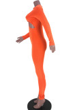 Оранжевые сексуальные повседневные однотонные облегающие комбинезоны с водолазкой