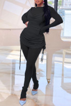 Черная модная повседневная однотонная лоскутная прозрачная прозрачная рубашка с круглым вырезом и длинными рукавами из двух частей