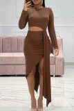 Brown Fashion Sexy Solide Ausgehöhltes O-Ausschnitt Langarm Unregelmäßiges Kleid