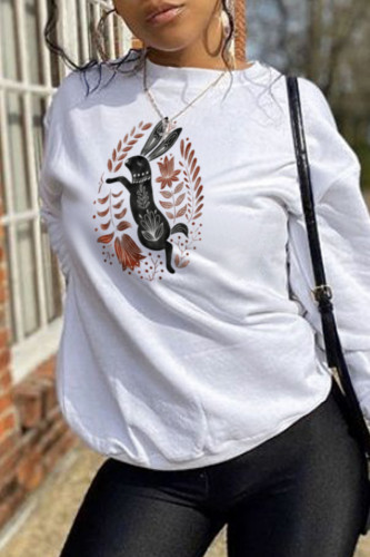 White Fashion Casual Print Patchwork O Neck Tops