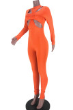 Orangefarbener, sexy, lässiger, fester, ausgehöhlter Rollkragen-Skinny-Overall