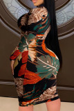 イエローファッションカジュアルプリントベーシックジッパーカラー長袖プラスサイズのドレス