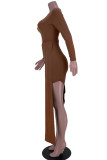 Vestido irregular de manga larga con cuello en O ahuecado sólido sexy de moda marrón
