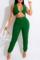 Green Fashion Sexy Solid Cardigan Pantalon Col V Sans Manches Deux Pièces