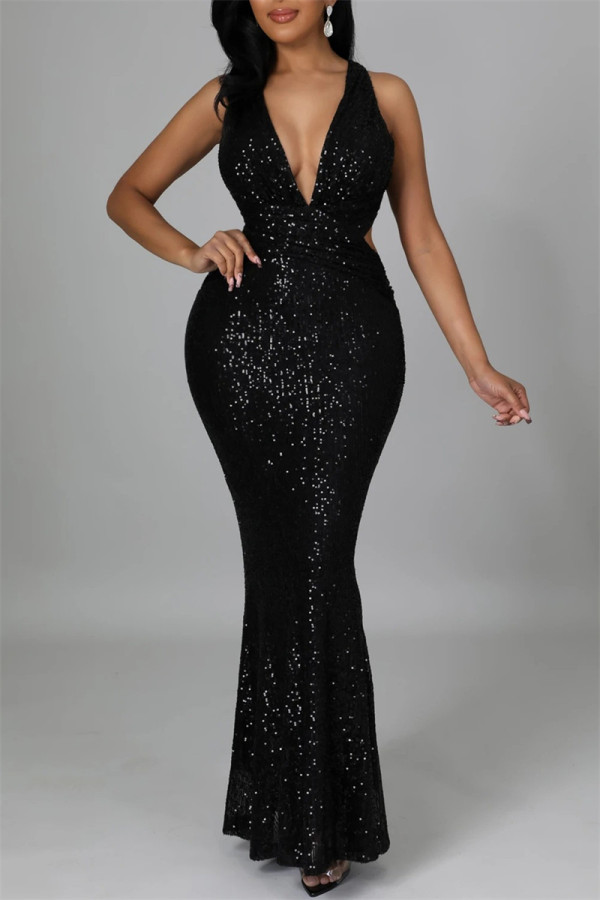 Черное модное сексуальное лоскутное вечернее платье с блестками без спинки и V-образным вырезом