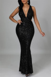 Silver Fashion Sexy Patchwork Sequins Backless V Neck Evening Dress