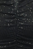ブラック セクシー ソリッド スパンコール パッチワーク バックレス フォールド スパゲッティ ストラップ ワン ステップ スカート ドレス