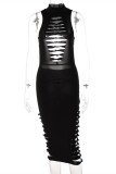 Black Fashion Sexy Solid Hollowed Out Backless Turtleneck Sleeveless Dress