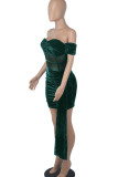 アーミーグリーンのセクシーなソリッドパッチワークフォールド非対称オフショルダーワンステップスカートドレス