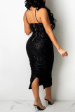Apricot Sexy Solid Sequins Patchwork Backless Fold Spaghetti Strap One Step Skirt Dresses